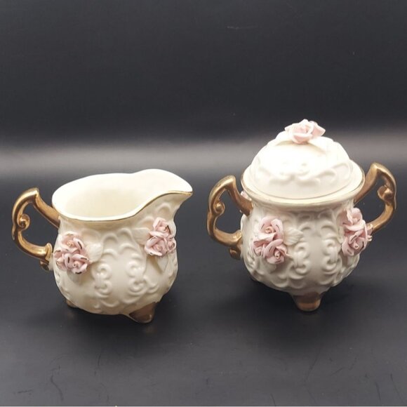 Cracker Barrel 6-Piece Porcelain Capodimonte Tea Set Gold Accents Pink Roses - Picture 12 of 14